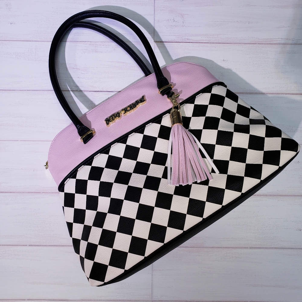 Betsey Johnson Black & White Checkerboard Tote with Pink Trim and Tassel